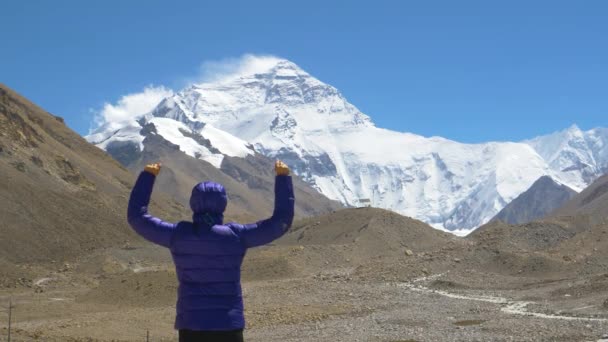 COPY SPACE: Trekker победоносно простирает руки, наблюдая за горой Эверест — стоковое видео