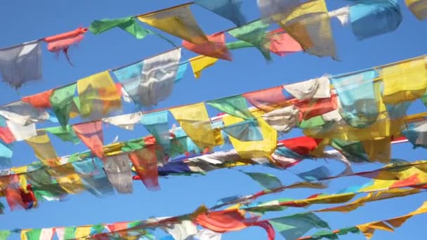 CLOSE UP: Cinematic shot van levendige vlaggen zwaaien boven Tibet op een zonnige dag — Stockvideo