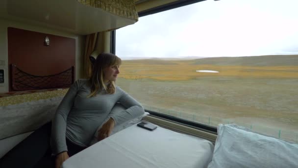 Κοντινό πλάνο: Χαμογελώντας γυναίκα κοιτάζει το τοπίο, ενώ ιππασία σε ένα κρεβάτι τρένο — Αρχείο Βίντεο