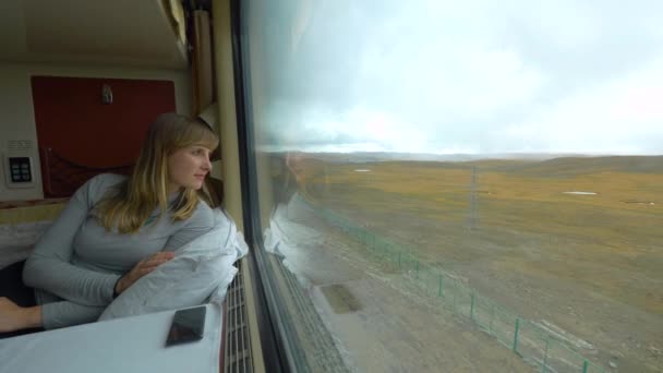 CLOSE UP: Smiling traveler looks at plains through the window of overnight train — Stock Video