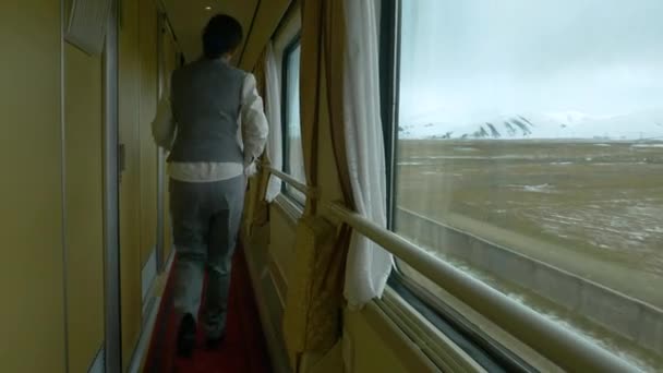 閉じる:女性の乗客はチベットを横断寝台列車で彼女のキャビンに入ります. — ストック動画