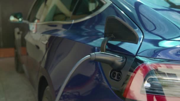 Sluiten: Oplader is aangesloten op een moderne elektrische auto met een lege batterij. — Stockvideo