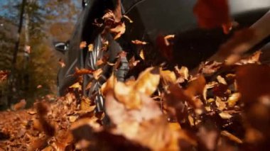 Kahverengi yapraklarla dolu bir yol boyunca büyük mavi bir SUV sürüyor..