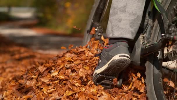 CLOSE UP: Unrecognizable person rides mountain bike into a pile of fallen leaves — Stock Video