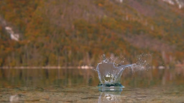 LOW ANGLE: Ronde rots valt uit de lucht druppels in het rustige meer Bohinj. — Stockvideo