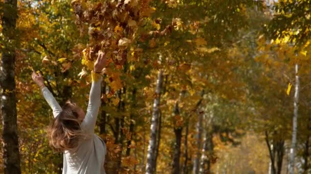 COPY SPACE: Smiling woman throws a heap of dry autumn colored leaves in the air. — Stock Video