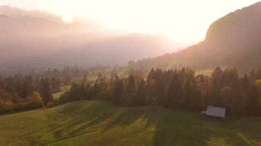 Slovenya kırsalında sonbahar günbatımında güzel yeşil çayırlar.