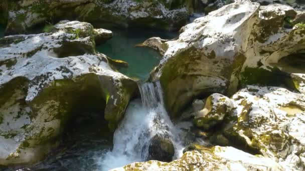 FECHAR-SE: Congelando cascatas de água do rio frio para baixo as pedras musgosas no dia ensolarado . — Vídeo de Stock