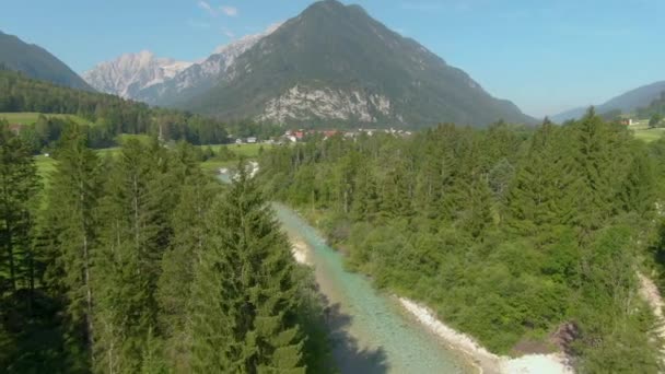 DRONE: Lindo fluxo de esmeralda atravessa paisagem cênica sob Julian Alps — Vídeo de Stock