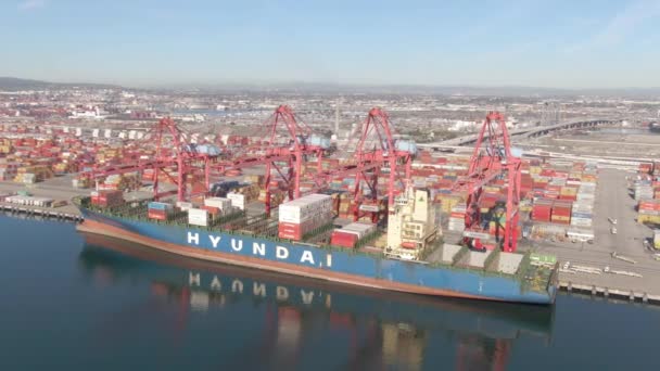 AERIAL: Cranes move shipping containers from docks and on massive cargo ship — 图库视频影像