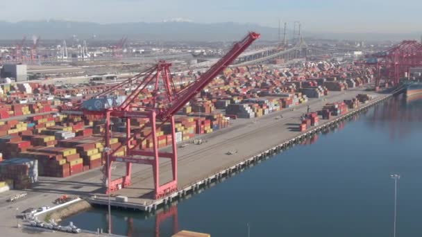 DRONE: Masivní červené jeřáby z věže přístavu Los Angeles nad oceánem. — Stock video