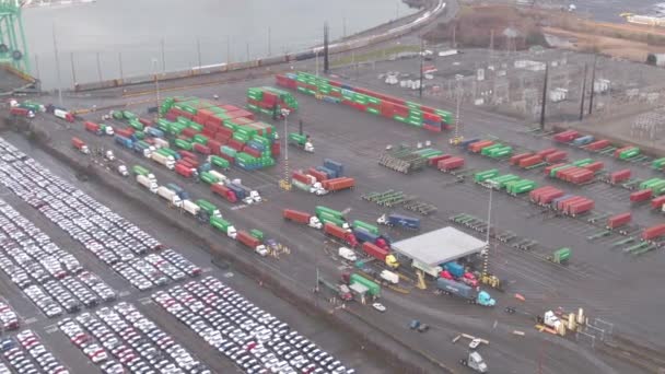 DRONE: Lastkraftwagen fahren an neu importierten Autos vorbei zum Hafen von Los Angeles. — Stockvideo