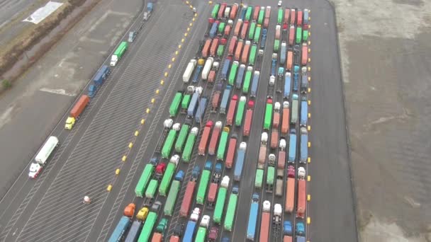 AÉRIAL : Un grand groupe de camions de fret s'alignent avant de quitter le port. — Video