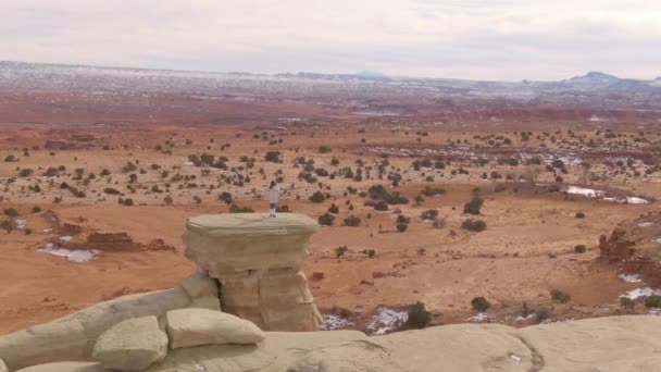 AÉRIAL : Femme debout sur un rocher et prend des photos de canyon à couper le souffle — Video