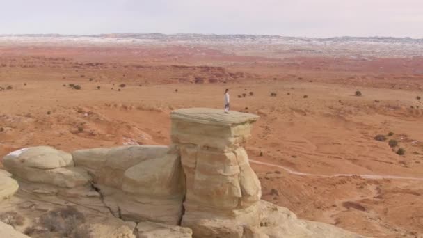 DRONE: Herumfliegende junge Frau beobachtet den Canyon von einer Sandsteinformation aus — Stockvideo