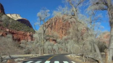 Zion Ulusal Parkı 'ndan geçen boş yolda araba sürerken çekilen sahne.