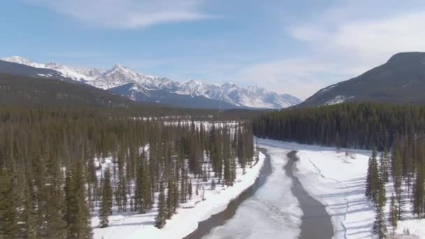 AERIAL: Malerische Aufnahme eines Flusses, der durch verschneite Wälder in Richtung Bergrücken fließt — Stockvideo