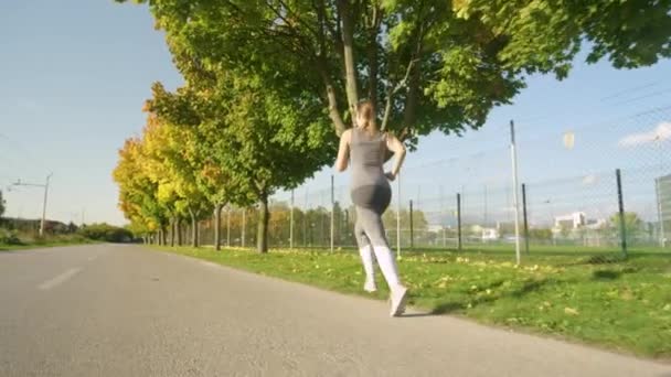 LOW ANGLE: Healthy woman exercises by going for a run through the idyllic park. — Stock Video