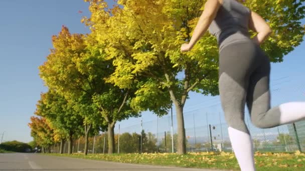 LOW ANGLE: Cinematic shot of a young female jogger running along vibrant avenue. — Stock Video