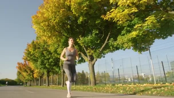 ÂNGULO BAIXO: Mulher branca atlética corre ao longo da avenida colorida no dia ensolarado . — Vídeo de Stock