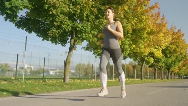 LOW ANGLE: Joyful woman jogs along a walkway and past trees changing leaves. — Stock Video