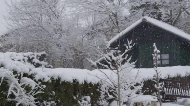 LOW MOTION: Primeira neve do inverno transforma quintal em país das maravilhas do inverno — Vídeo de Stock