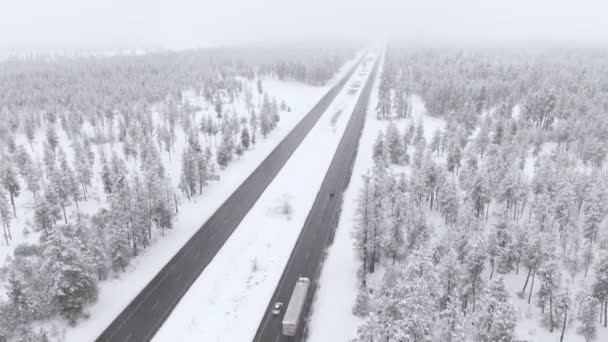 AERIAL: Lastbil och bilar kör genom snöstormen och längs våt motorväg. — Stockvideo