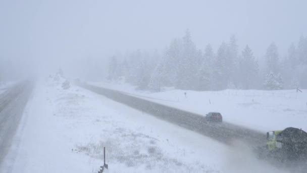 Pług śnieżny oczyszcza drogę ze świeżo spadającego śniegu do jazdy za nim — Wideo stockowe