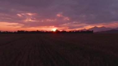 Güneşli otlakların üzerinde uçmak uzaktaki bir köyü ortaya çıkarıyor..