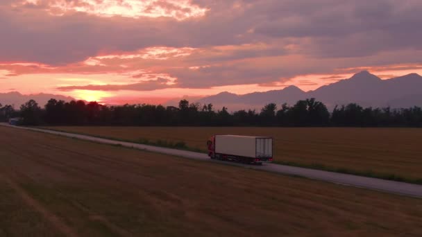 DRONE: Vrachtwagen rijdt goederen naar een logistiek centrum op een zonnige zomeravond. — Stockvideo