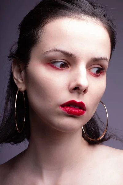 Beautiful Young Girl Red Lipstick Her Lips Earrings Rings — Stock Photo, Image