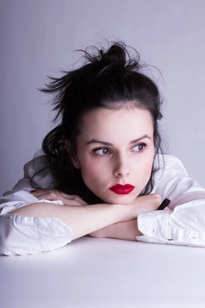 Beautiful Young Girl White Shirt White Background Red Lipstick Her — Stock Photo, Image