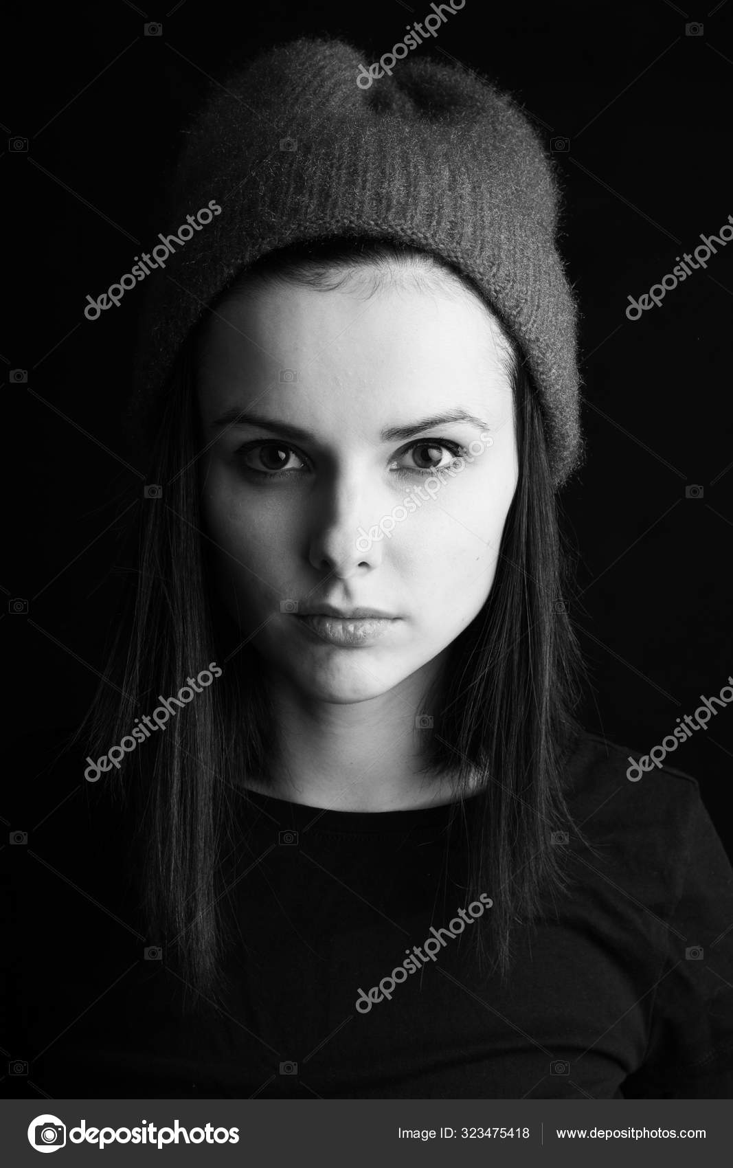Beautiful Young Girl Hat Portrait Studio Black White Photography Stock