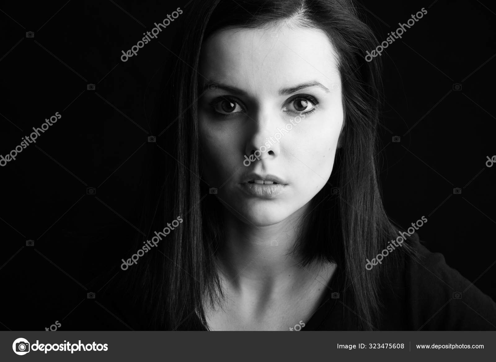 Beautiful Young Girl Black White Portrait Studio Black Background Stock