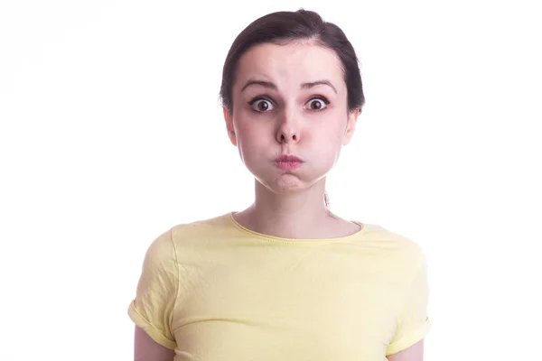 Young Emotional Girl Yellow Shirt White Background — Stock Photo, Image