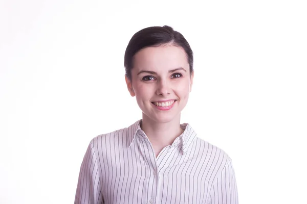 Bela Menina Emocional Uma Camisa Fundo Branco — Fotografia de Stock