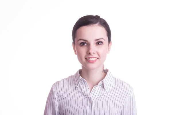 Bela Menina Emocional Uma Camisa Fundo Branco — Fotografia de Stock