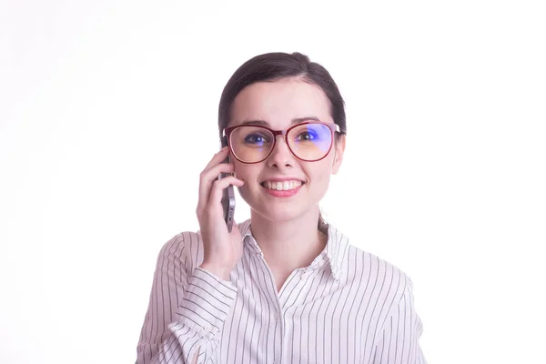 Beautiful Girl Glasses Shirt Speaks Phone — Stock Photo, Image