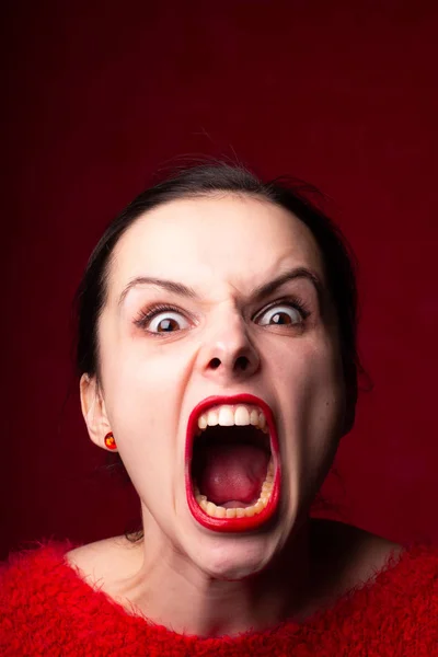 Menina Vermelho Lábios Vermelhos Camisola Vermelha Unhas Vermelhas — Fotografia de Stock