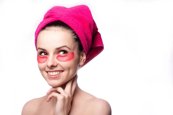Young Woman Shower Pink Towel Patches — Stock Photo, Image