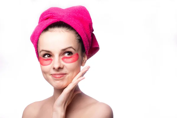 Young Woman Shower Pink Towel Patches — Stock Photo, Image