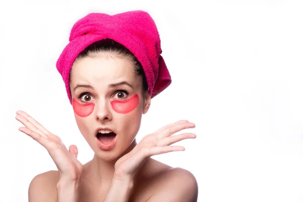 Young Woman Shower Pink Towel Patches — Stock Photo, Image