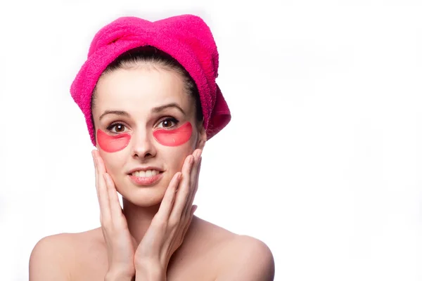 Young Woman Shower Pink Towel Patches — Stock Photo, Image