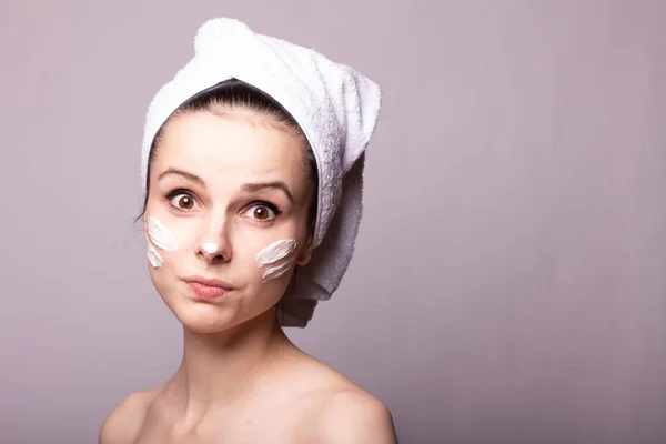 Girl White Towel Her Head Cream Her Face — Stock Photo, Image