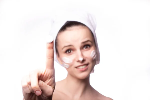 Girl White Towel Her Head Cream Her Face Hand White — Stock Photo, Image