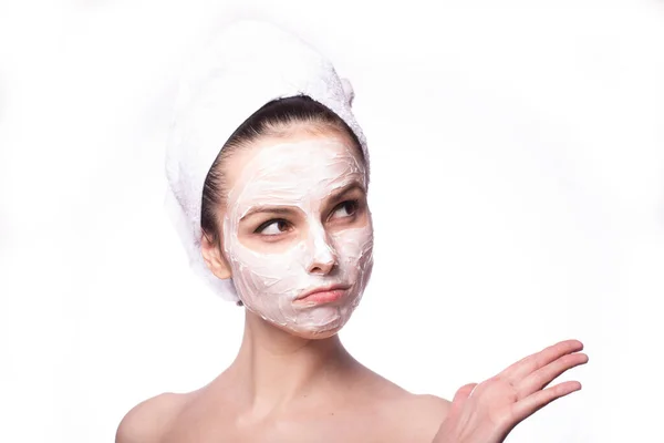 Girl White Towel Her Head Mask Her Face — Stock Photo, Image
