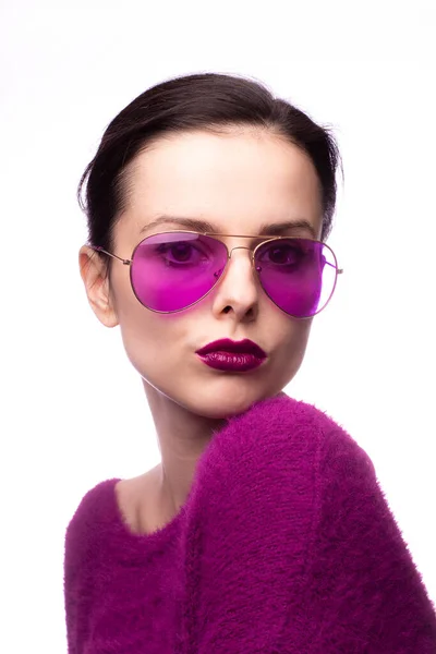 Girl Purple Sweater Purple Glasses Purple Lipstick Her Lips — Stock Photo, Image