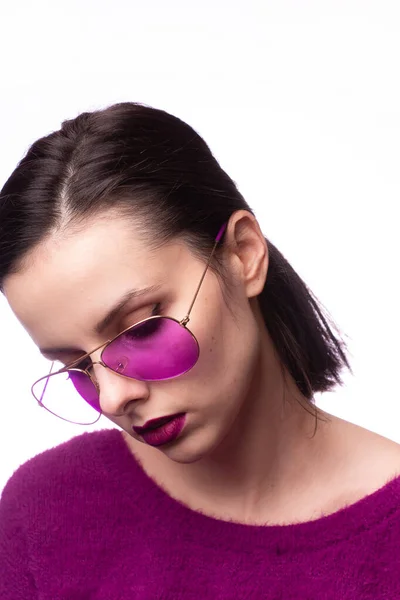 Girl Purple Sweater Purple Glasses Purple Lipstick Her Lips — Stock Photo, Image