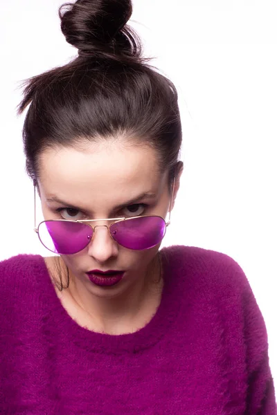 Girl Purple Sweater Purple Glasses Purple Lipstick Her Lips — Stock Photo, Image