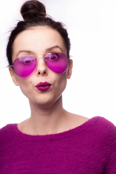 Girl Purple Sweater Purple Glasses Purple Lipstick Her Lips — Stock Photo, Image